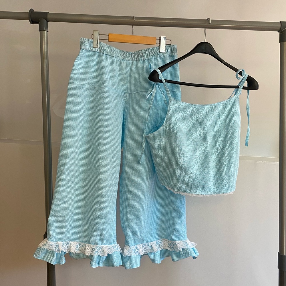 Handmade Two-Piece PJ Set 🩵 Light Blue Ruffled Gingham - Picture 3 of 3